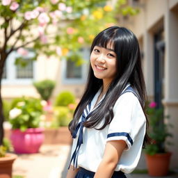 An Asian high school girl in a casual school uniform, portrayed in a playful and youthful setting