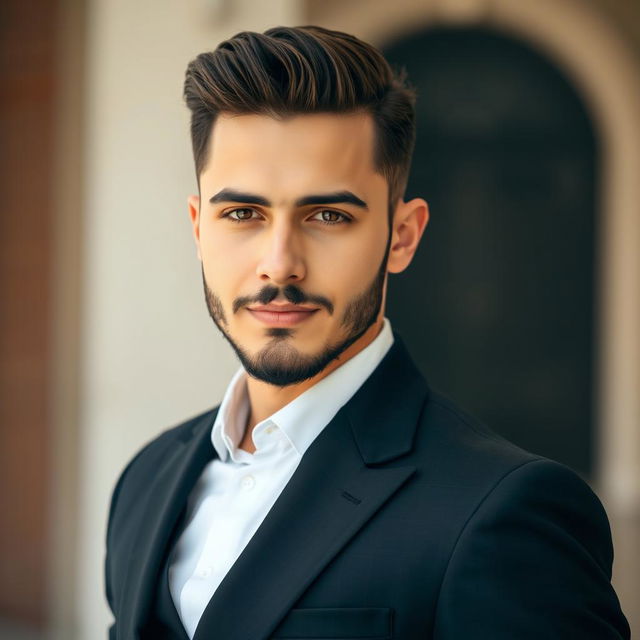 A young man, not overly religious or irreligious, dressed in a stylish black suit with a white shirt, without a vest