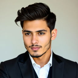 A young man, not overly religious or irreligious, dressed in a stylish black suit with a white shirt, without a vest
