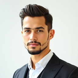 A young man, not overly religious or irreligious, dressed in a stylish black suit with a white shirt, without a vest
