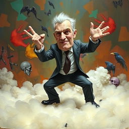 A surreal and imaginative artistic representation of a powerful figure resembling a leader, depicted in an abstract and metaphorical way, engaging in an exaggerated action that conveys a sense of dominance and influence