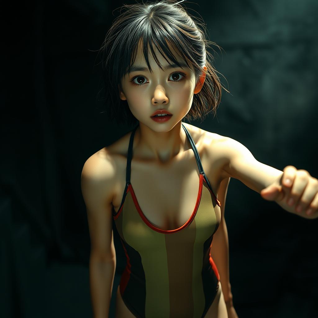 A dramatic and intense scene featuring an Asian school girl with small breasts, wearing a one-piece swimsuit