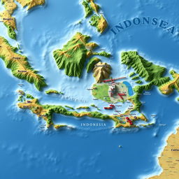 A detailed 3D map of Indonesia showcasing its diverse landscapes, including lush rainforests, mountainous regions, and vibrant coastal areas