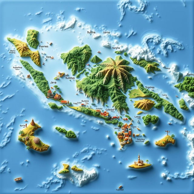 A detailed 3D map of Indonesia showcasing its diverse landscapes, including lush rainforests, mountainous regions, and vibrant coastal areas