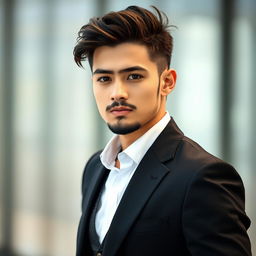 A young man, casually dressed in a stylish black suit paired with a crisp white shirt, without a vest