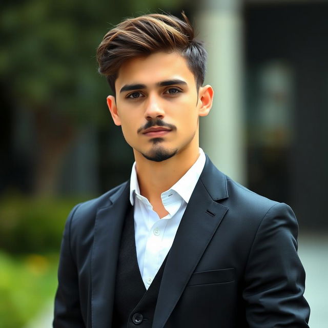 A young man, casually dressed in a stylish black suit paired with a crisp white shirt, without a vest