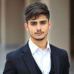 A young man, casually dressed in a stylish black suit paired with a crisp white shirt, without a vest