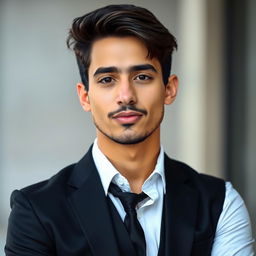 A young man, casually dressed in a stylish black suit paired with a crisp white shirt, without a vest