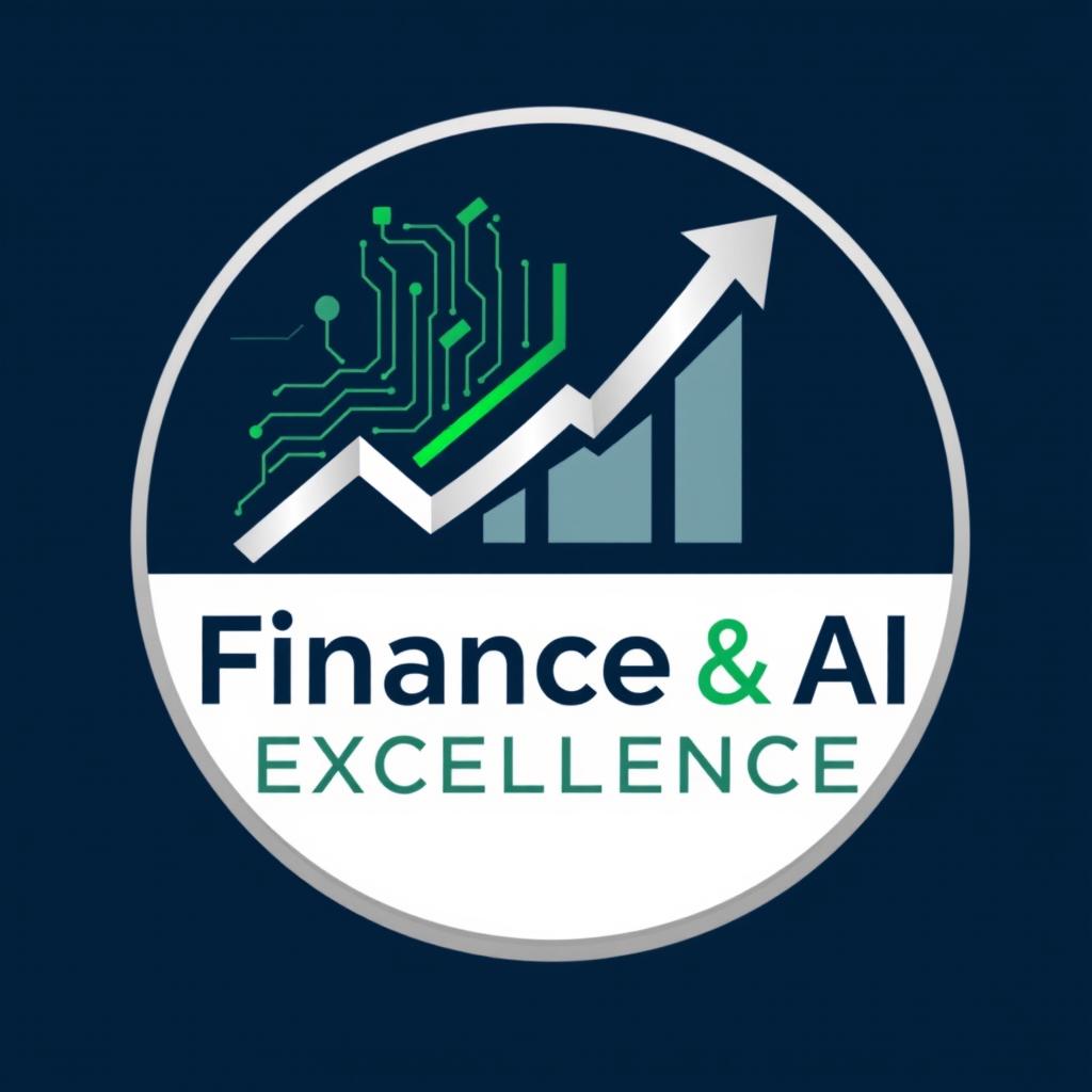 A sleek and innovative logo design for a Finance and AI Recognition Excellence Event, featuring a combination of a digital circuit pattern and a stylized upward arrow symbolizing growth and progress