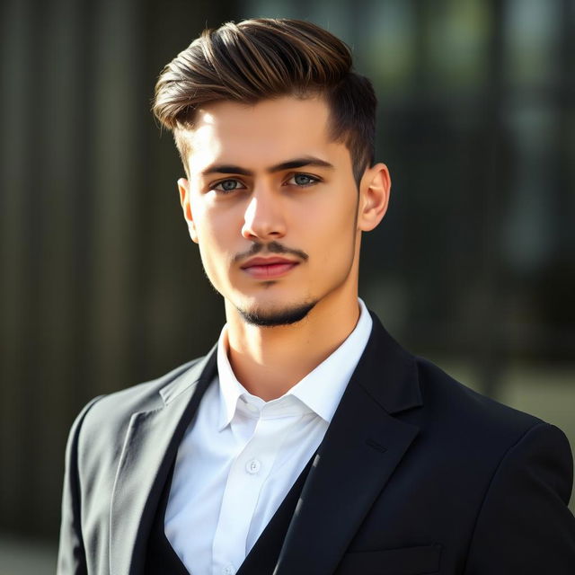 A young man, casually balancing between being religious and secular, dressed in a sharp black suit with a crisp white shirt, without a vest