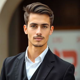 A young man, casually balancing between being religious and secular, dressed in a sharp black suit with a crisp white shirt, without a vest