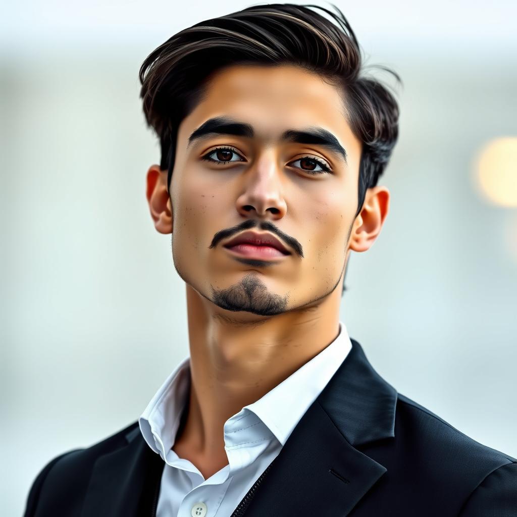 A young man, casually balancing between being religious and secular, dressed in a sharp black suit with a crisp white shirt, without a vest