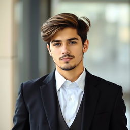 A young man, casually balancing between being religious and secular, dressed in a sharp black suit with a crisp white shirt, without a vest