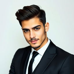 A young man, embodying a balanced persona between being religious and secular, dressed in a sleek black suit with a crisp white shirt, no vest included