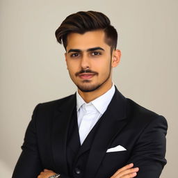 A young man, embodying a balanced persona between being religious and secular, dressed in a sleek black suit with a crisp white shirt, no vest included