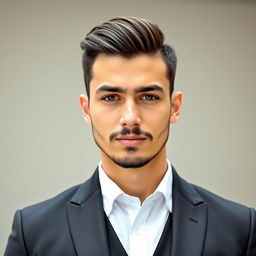 A young man, embodying a balanced persona between being religious and secular, dressed in a sleek black suit with a crisp white shirt, no vest included