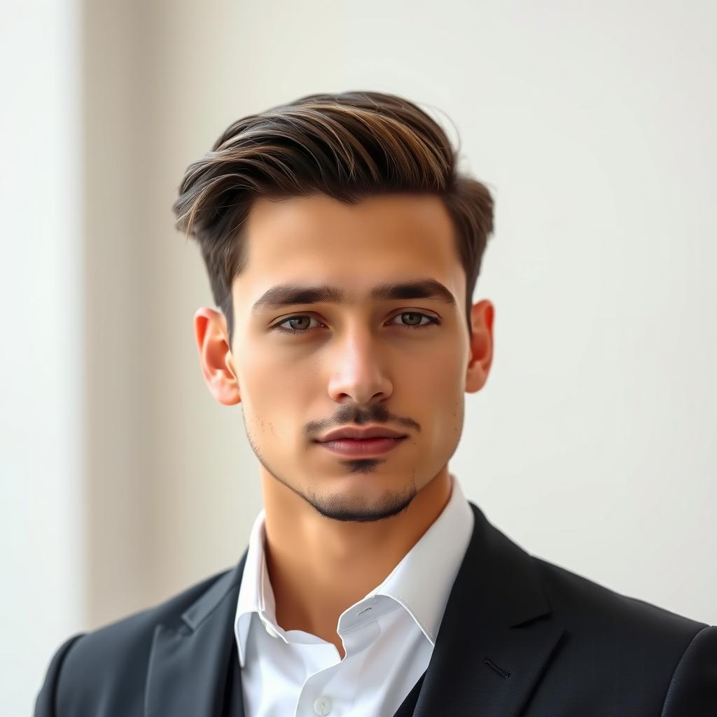 A young man, embodying a balanced persona between being religious and secular, dressed in a sleek black suit with a crisp white shirt, no vest included