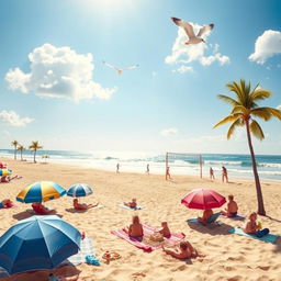 A sunlit summer scene featuring a vibrant beach landscape