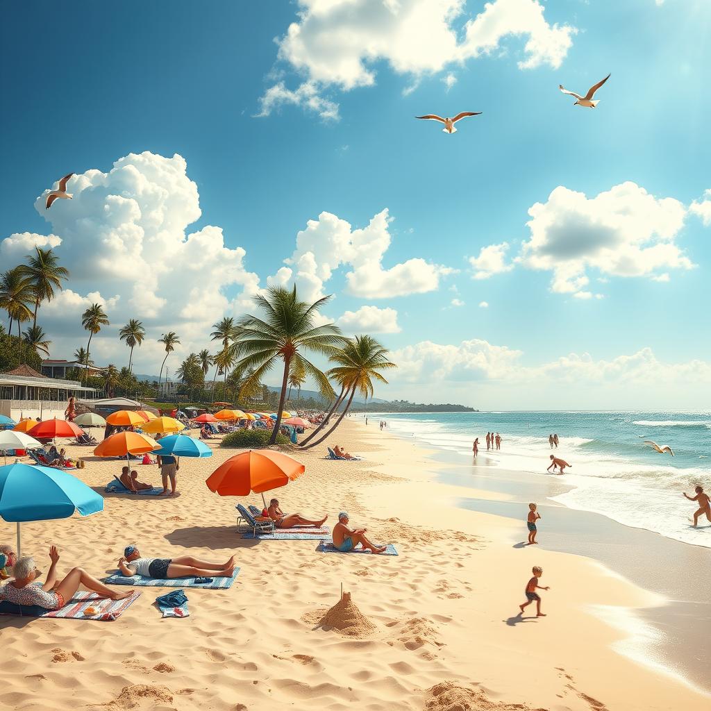 A sunlit summer scene featuring a vibrant beach landscape