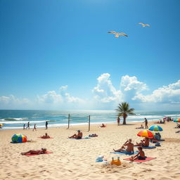 A sunlit summer scene featuring a vibrant beach landscape