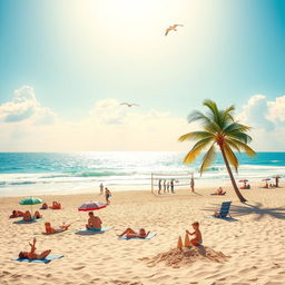 A sunlit summer scene featuring a vibrant beach landscape