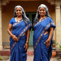 Two mature Indian housewives aged 55, plus-size, buxom and voluptuous, with long faces featuring high cheekbones, dusky skin, and long grey hair