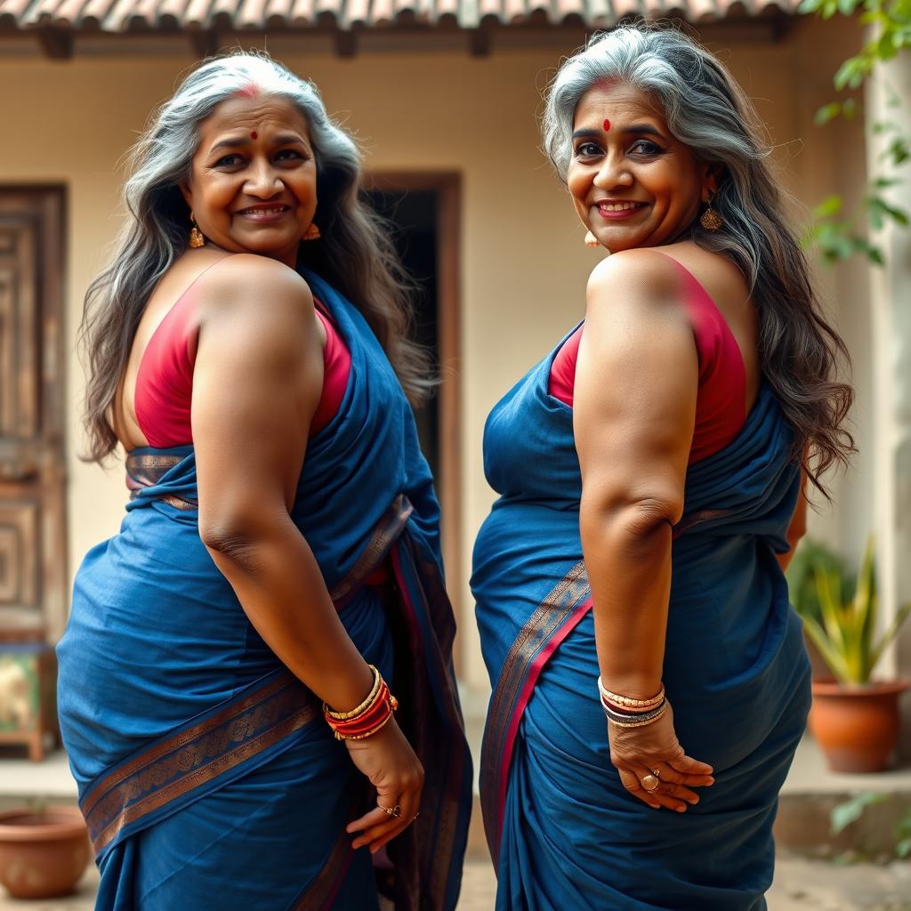 Two mature Indian housewives aged 55, plus-size, buxom and voluptuous, with long faces featuring high cheekbones, dusky skin, and long grey hair