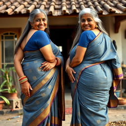 Two mature Indian housewives aged 55, plus-size, buxom and voluptuous, with long faces featuring high cheekbones, dusky skin, and long grey hair