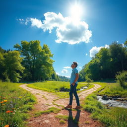 A serene landscape depicting a person standing at a crossroads, symbolizing decision making in life