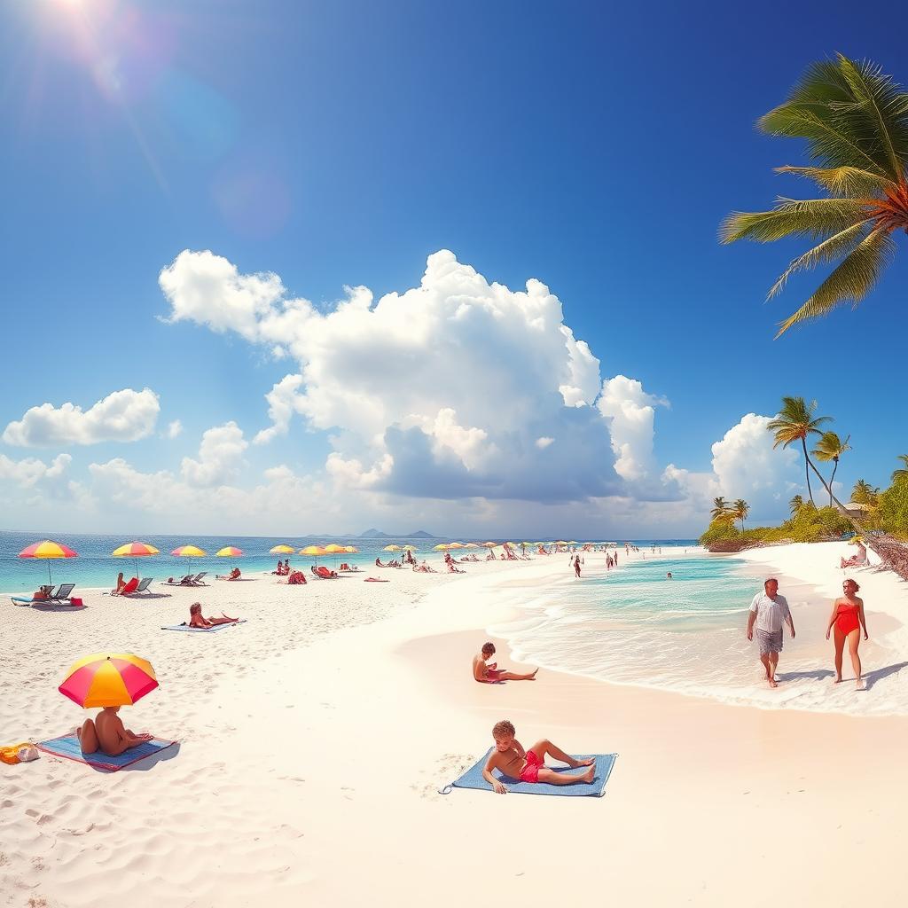 A vibrant summer scene featuring a sunlit beach with clear blue waters and soft white sand