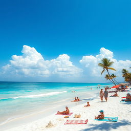 A vibrant summer scene featuring a sunlit beach with clear blue waters and soft white sand