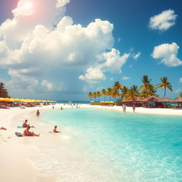 A vibrant summer scene featuring a sunlit beach with clear blue waters and soft white sand