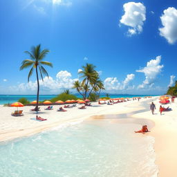 A vibrant summer scene featuring a sunlit beach with clear blue waters and soft white sand