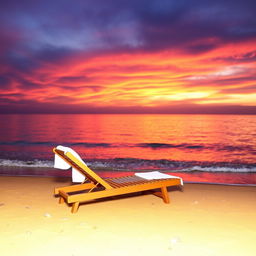 A serene beach scene featuring a stunning sunset with vibrant hues of orange, pink, and purple reflecting off the calm water