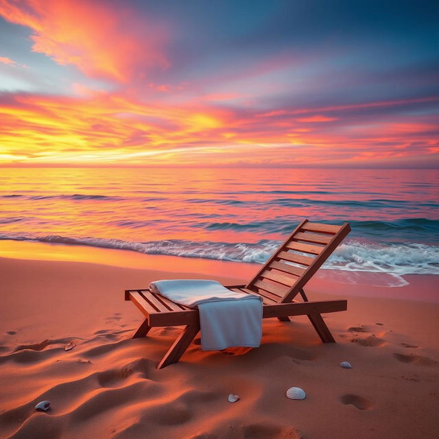 A serene beach scene featuring a stunning sunset with vibrant hues of orange, pink, and purple reflecting off the calm water