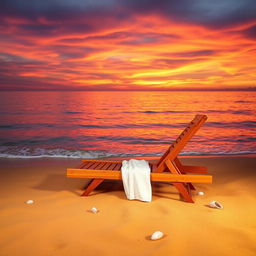 A serene beach scene featuring a stunning sunset with vibrant hues of orange, pink, and purple reflecting off the calm water