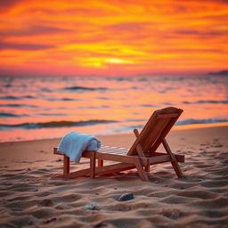 A serene beach scene featuring a stunning sunset with vibrant hues of orange, pink, and purple reflecting off the calm water