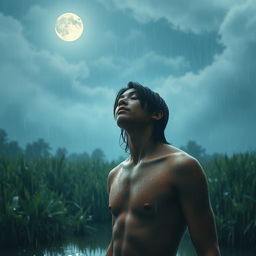 A serene and magical scene featuring a person with a calm and peaceful expression, standing in the rain under a soft glow of a full moon