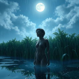 A serene and magical scene featuring a person with a calm and peaceful expression, standing in the rain under a soft glow of a full moon