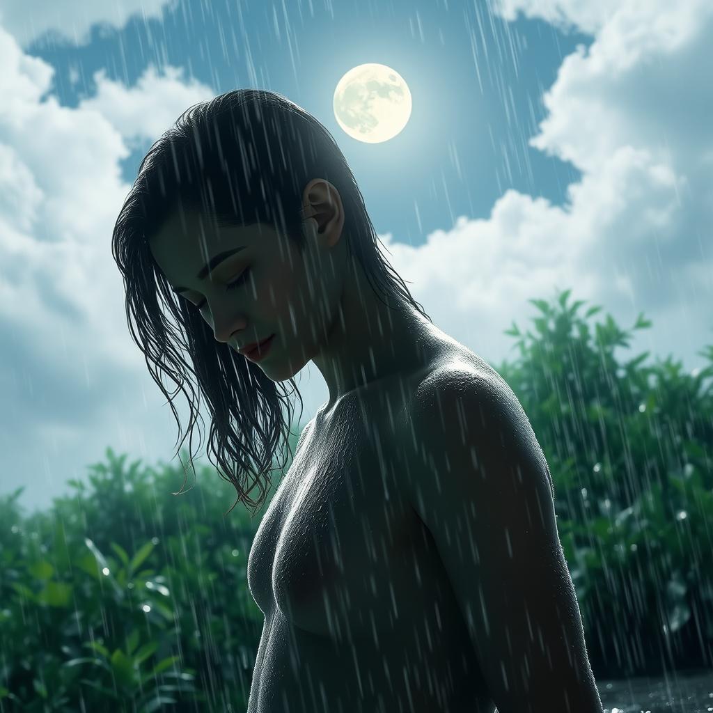 A serene and magical scene featuring a person with a calm and peaceful expression, standing in the rain under a soft glow of a full moon
