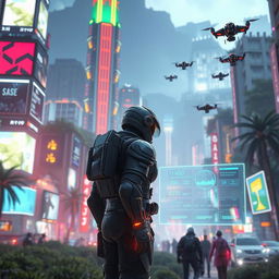A futuristic video game scene depicting an advanced artificial intelligence merging with a realistic gaming environment