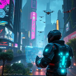 A futuristic video game scene depicting an advanced artificial intelligence merging with a realistic gaming environment