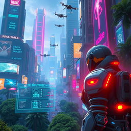 A futuristic video game scene depicting an advanced artificial intelligence merging with a realistic gaming environment