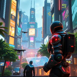 A futuristic video game scene depicting an advanced artificial intelligence merging with a realistic gaming environment