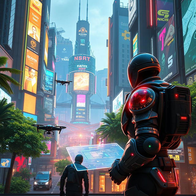 A futuristic video game scene depicting an advanced artificial intelligence merging with a realistic gaming environment