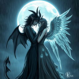 A captivating and mystical scene featuring a black demon girl and a black angel girl in a passionate embrace, standing in the rain beneath the luminous full moon