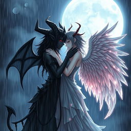 A captivating and mystical scene featuring a black demon girl and a black angel girl in a passionate embrace, standing in the rain beneath the luminous full moon