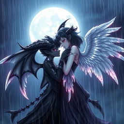 A captivating and mystical scene featuring a black demon girl and a black angel girl in a passionate embrace, standing in the rain beneath the luminous full moon