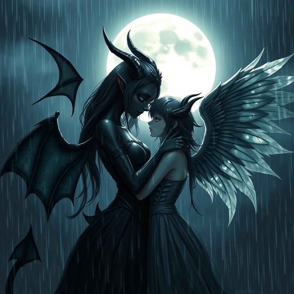 A captivating and mystical scene featuring a black demon girl and a black angel girl in a passionate embrace, standing in the rain beneath the luminous full moon