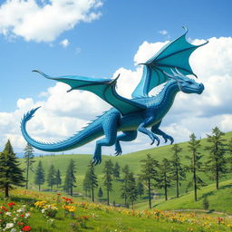 A majestic blue dragon soaring gracefully through a clear sky, its scales shimmering in the sunlight